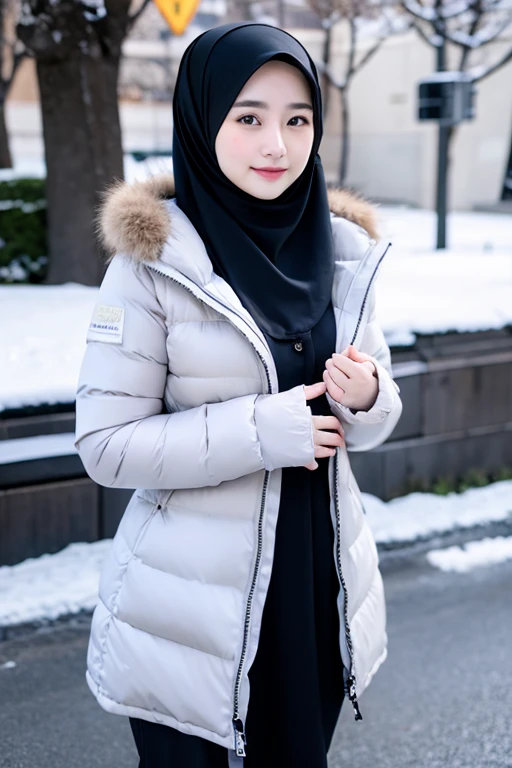 Best quality, 4K, 8K, Detailed faces,fully body photo, Clear face, Japanese muslim girl, 21 years old girl, Perfect body figure, Long slim legs, Pasmina hijab, Long down jacket with hood, Fur trim jacket, White jacket, Snowy Tokyo background 