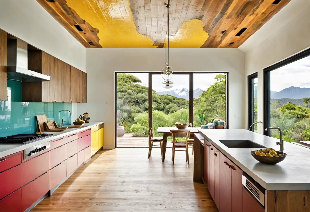 a modern kitchen, colorful cabinet doors, island table, stove, sink, natural light, wooden floors, plaster ceiling, glass windows,