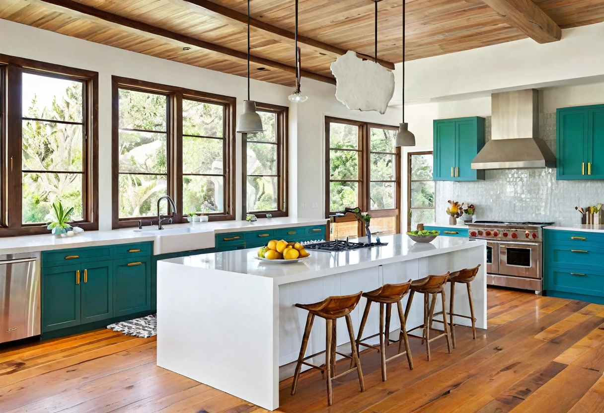 a modern kitchen, colorful cabinet doors, island table, stove, sink, natural light, wooden floors, plaster ceiling, glass windows,