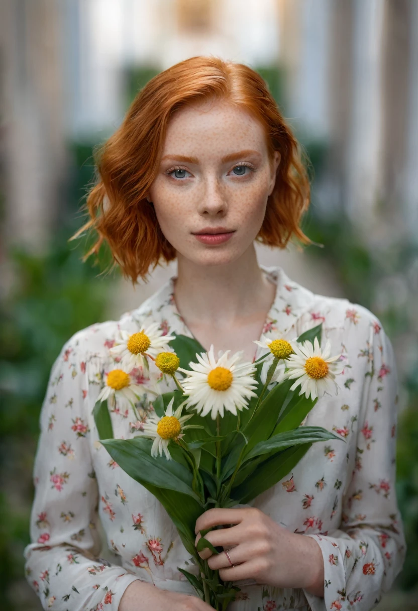 Portrait of a young redhead lady with a flower, Canon EOS R3, f/1.4, ISO 200, 1/160s, 8K, RAW, unedited, symmetrical balance, in-frame