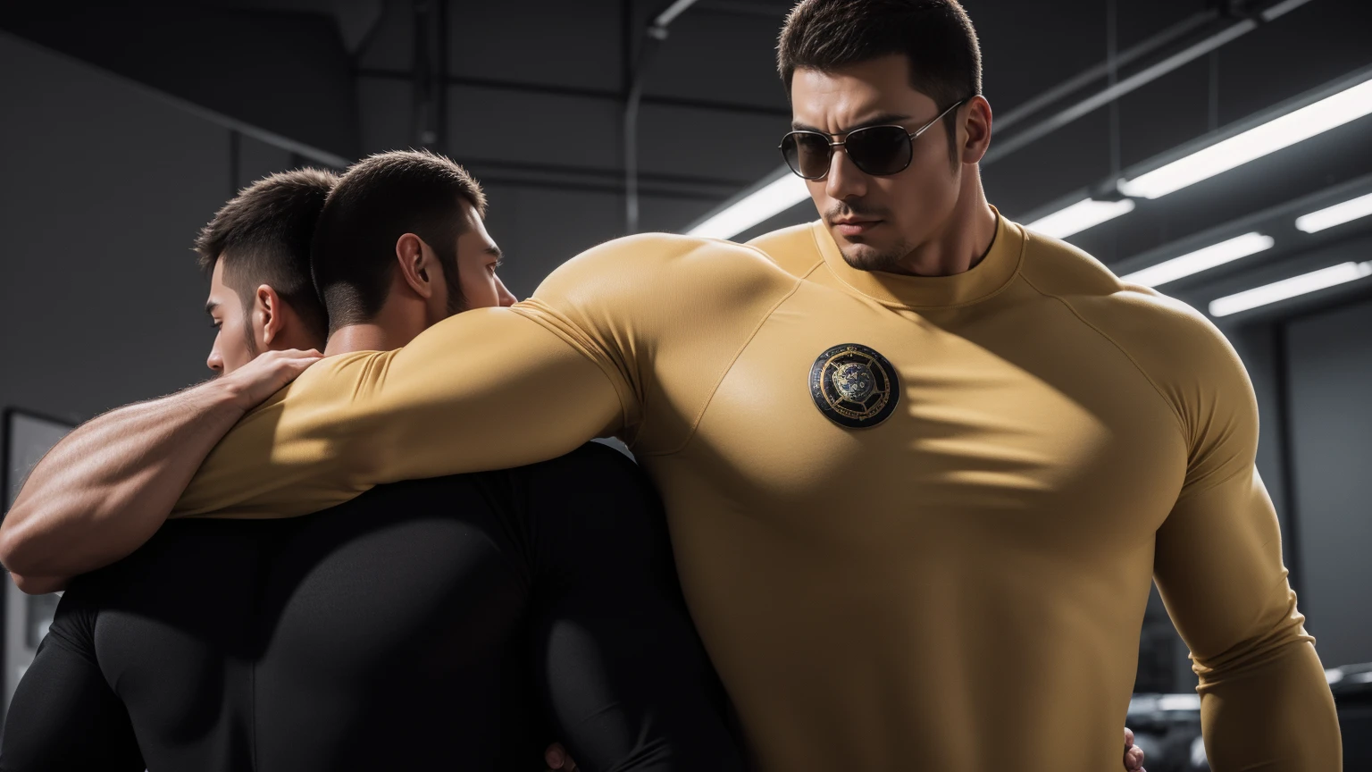 Super muscular man hugging, Sad eyes,Wear sunglasses,short hair,On a vintage outdoor street under the hot sun, Wear long sleeves, Deep turtleneck bodysuit, Thickened warm elastic texture,The clothes are dirty,There are mud stains,Looks sad, Thick thighs, messy hair, Thick thighs, High target-necked long-sleeved dark yellow high-necked tights, very tight, Regular symmetrical pattern, High targetlight muscles, Police uniform pants, character concept(Resident Evil - chris redfield, chris redfield)A proud expression, Deep and charming eyes, Valiant male pose, tall Burly, muscular!muscular thighs, Tough Guy, Perfect facial features, High target, Burly, Heqiang, Super exquisite and cool, High target Resolution Committee, Attractive, The sun is blazing, Dazzling