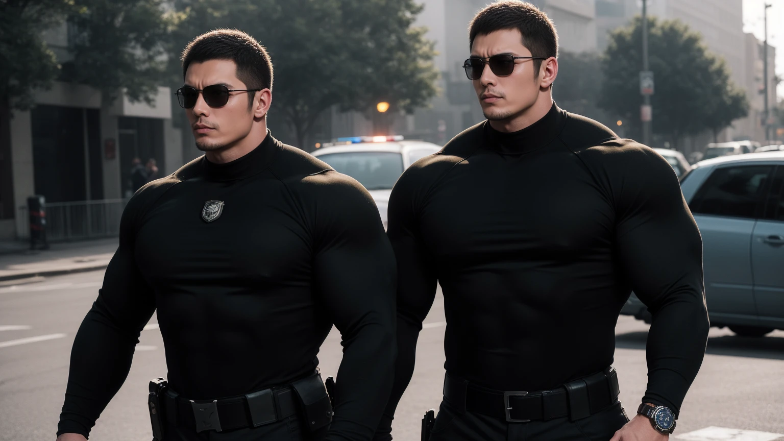 Super muscular man hugging, Sad eyes,Wear sunglasses,short hair,On a vintage outdoor street under the hot sun, Wear long sleeves, Deep turtleneck bodysuit, Thickened warm elastic texture,The clothes are dirty,There are mud stains,Looks sad, Thick thighs, messy hair, Thick thighs, High target-necked long-sleeved dark yellow high-necked tights, very tight, Regular symmetrical pattern, High targetlight muscles, Police uniform pants, character concept(Resident Evil - chris redfield, chris redfield)A proud expression, Deep and charming eyes, Valiant male pose, tall Burly, muscular!muscular thighs, Tough Guy, Perfect facial features, High target, Burly, Heqiang, Super exquisite and cool, High target Resolution Committee, Attractive, The sun is blazing, Dazzling