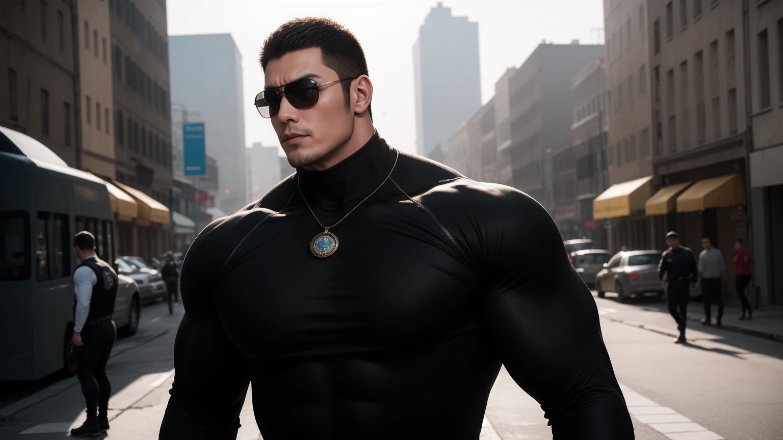 Super muscular man hugging,  Sad eyes，Wear sunglasses，short hair，On a vintage outdoor street under the hot sun, Wear long sleeves, Deep turtleneck bodysuit, Thickened warm elastic texture，The clothes are dirty，There are mud stains，Looks sad, Thick thighs, messy hair, Thick thighs, High target-necked long-sleeved dark yellow high-necked tights, very tight, Regular symmetrical pattern, High targetlight muscles, Police uniform pants, character concept（Resident Evil - chris redfield, chris redfield）A proud expression, Deep and charming eyes, Valiant male pose, tall Burly, muscular！muscular thighs, Tough Guy, Perfect facial features, High target, Burly, Heqiang, Super exquisite and cool, High target Resolution Committee, Attractive, The sun is blazing, Dazzling