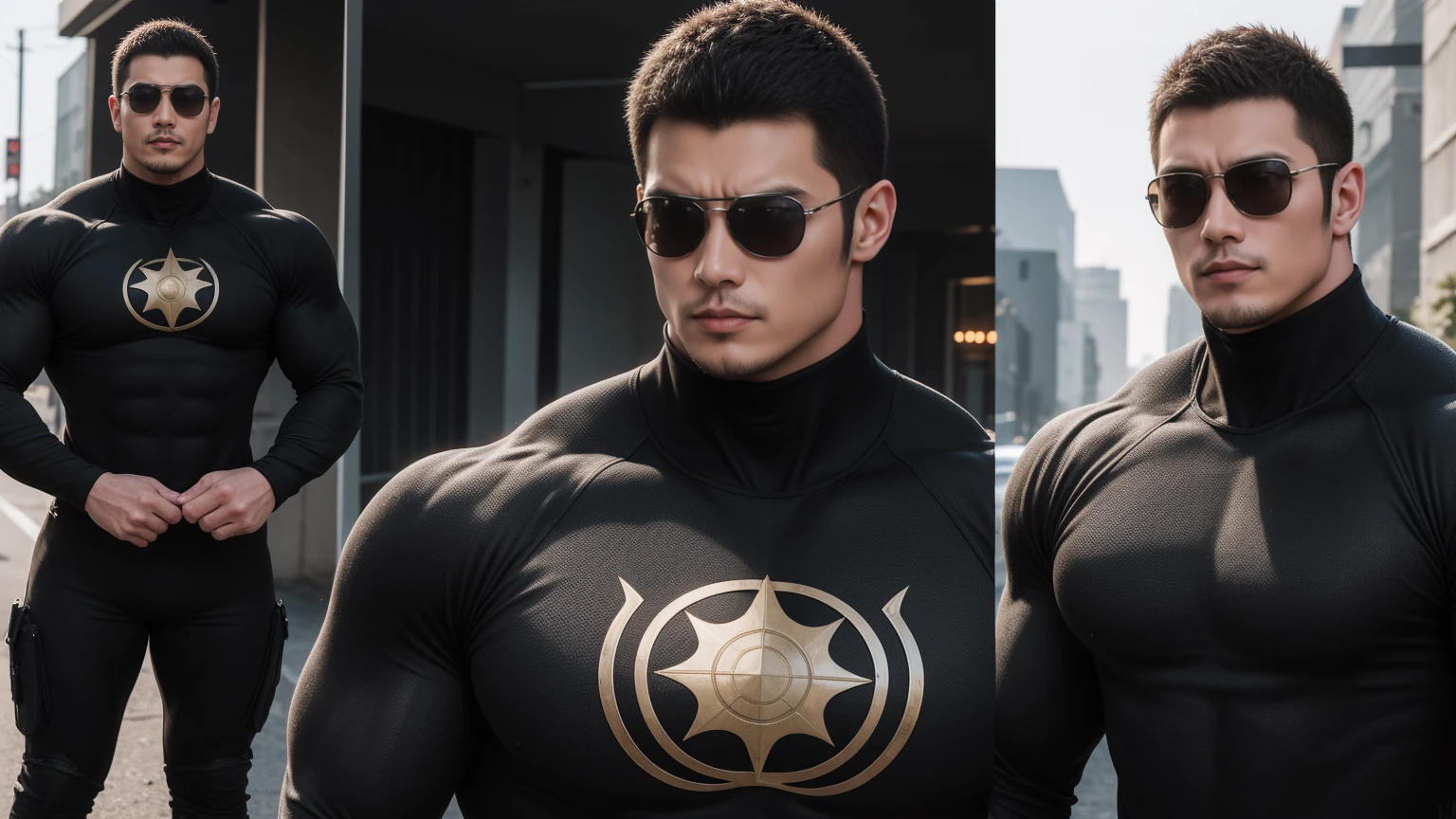 Super muscular man hugging, Sad eyes,Wear sunglasses,short hair,On a vintage outdoor street under the hot sun, Wear long sleeves, Deep turtleneck bodysuit, Thickened warm elastic texture,The clothes are dirty,There are mud stains,Looks sad, Thick thighs, messy hair, Thick thighs, High target-necked long-sleeved dark yellow high-necked tights, very tight, Regular symmetrical pattern, High targetlight muscles, Police uniform pants, character concept(Resident Evil - chris redfield, chris redfield)A proud expression, Deep and charming eyes, Valiant male pose, tall Burly, muscular!muscular thighs, Tough Guy, Perfect facial features, High target, Burly, Heqiang, Super exquisite and cool, High target Resolution Committee, Attractive, The sun is blazing, Dazzling