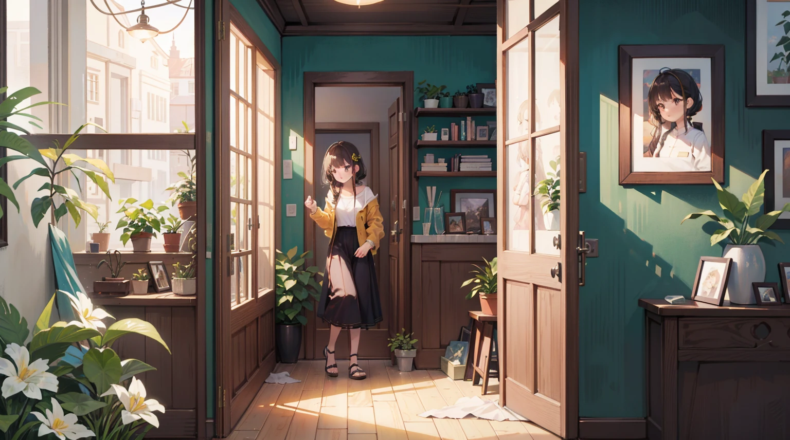 (Masterpiece), Best quality, Ultra-high resolution, detailed structure, Detailed architecture, (Warm pastel colors), indoor，（nobody：1.5）View of the living room through the door frame，Behind is the living room, plant, Stamens, indoor。Entrance
