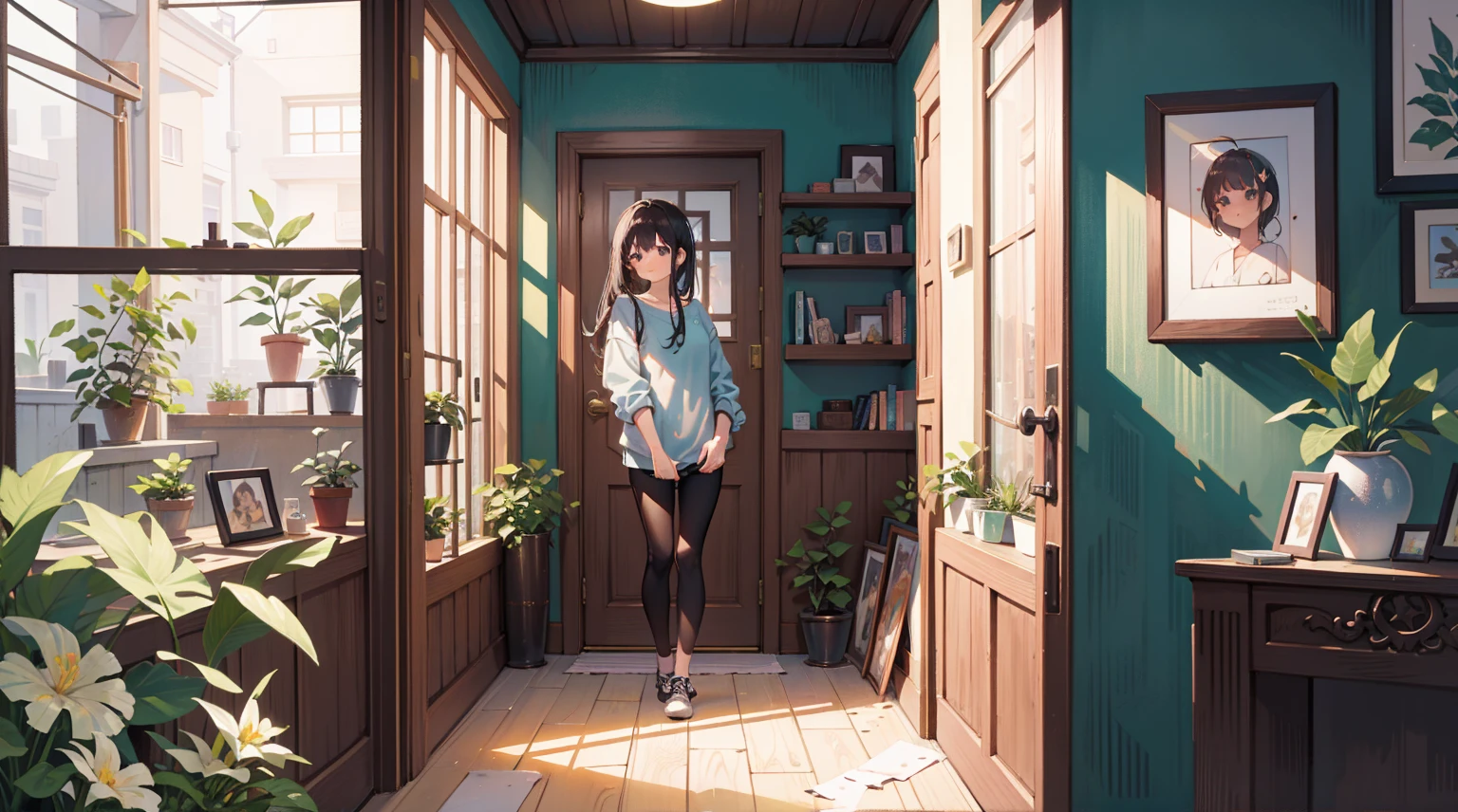 (Masterpiece), Best quality, Ultra-high resolution, detailed structure, Detailed architecture, (Warm pastel colors), indoor,(nobody:1.5)View of the living room through the door frame,Behind is the living room, plant, Stamens, indoor。Entrance
