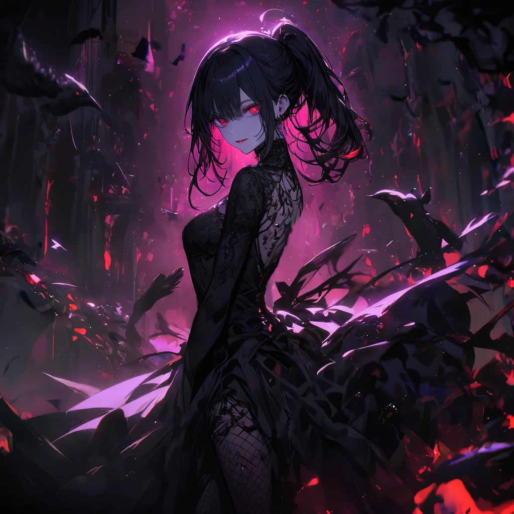 (dark atmosphere,gothic fashion,bright colors),(best quality,Super exquisite,),Sexy goth Vampire girl,In the rose garden at night,Beautiful and delicate eyes,Straight black ponytail with blue tips,Crow feathers,red lipstick,mysterious smile,Pale complexion,fishnet stockings,black dress,Pointed-toe bootysterious aura,The moonlight illuminates her elegant silhouette,Soft shadows and soft highlights,Contrasting colors create a vibrant atmosphere,dark and moody color palette,Subtle yet dramatic lighting effects,Sublime darkness intertwined with exquisite moonlight, She's tall and mature, red tone, beatiful pretty face