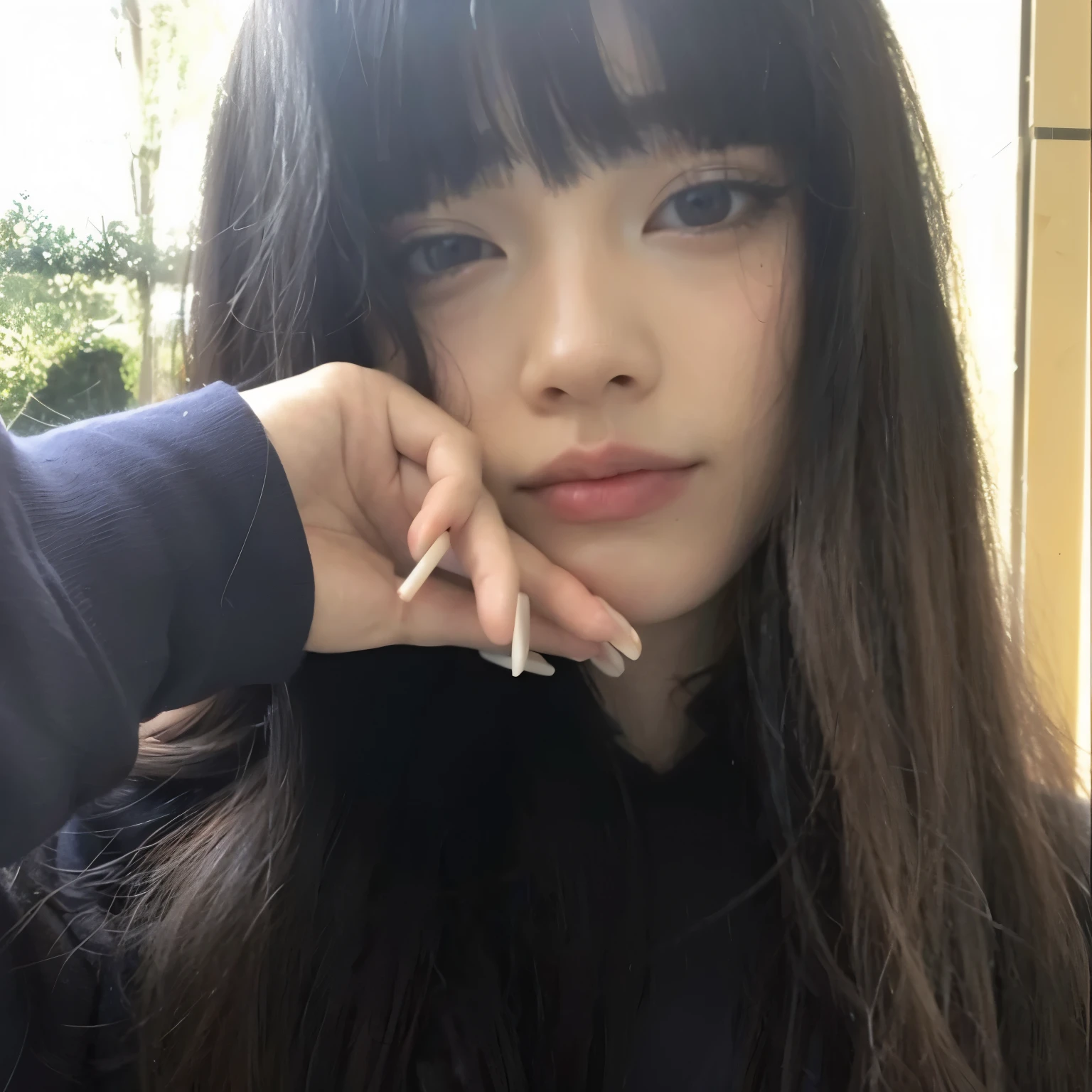 Close-up of a woman with long hair and a cigarette, Ela tem cabelo preto With bangs, Ulzzang, With bangs completa, Larisa Manovar, With bangs, Korean, cabelo arrumado With bangs, Young and pretty Asian face, cabelo comprido With bangs completa, cabelos longos With bangs, Young and adorable Korean face, Pale, round face, young asian girl