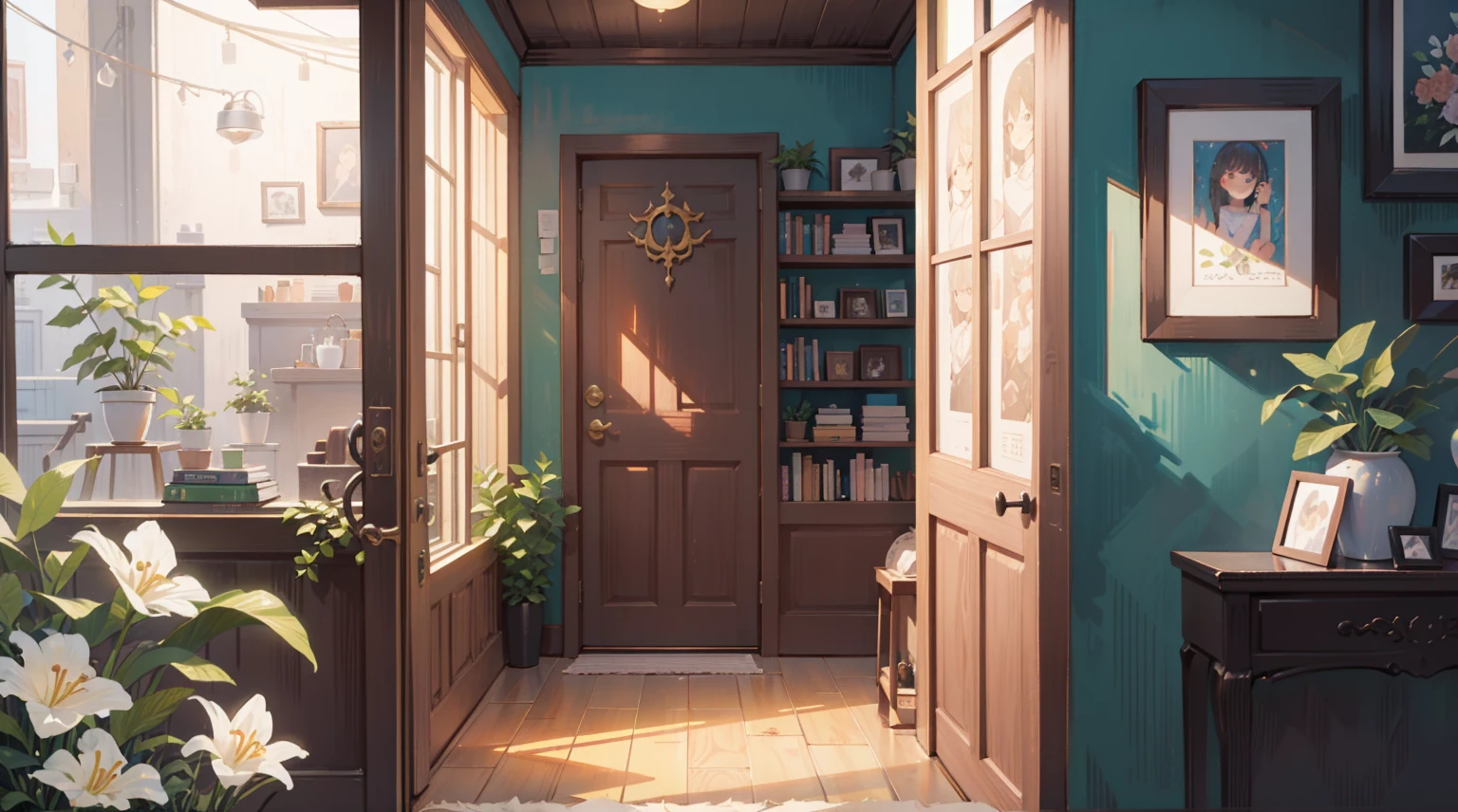 (Masterpiece), Best quality, Ultra-high resolution, detailed structure, Detailed architecture, (Warm pastel colors), indoor，（nobody：1.5）View of the living room through the door frame，Behind is the living room, plant, Stamens, indoor。Entrance