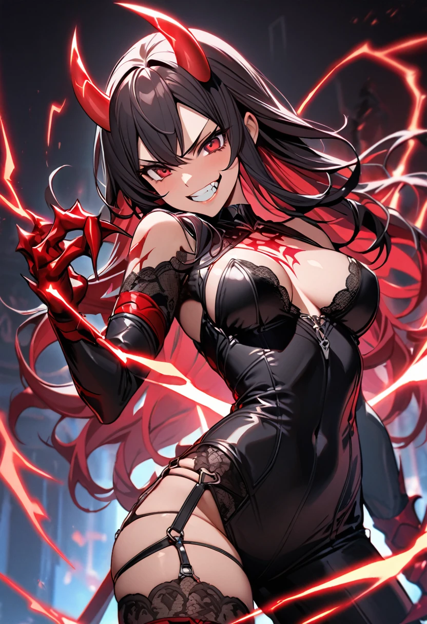 Beautiful, smiling, chewing teeth, sticking out tongue, single, 1 girl, long hair, black hair, red highlights, dark red eyes, small satanic horns. Tight black leather outfit, torn to reveal exposed G-string skin and lace. Show off the claws on your hands. Huge power swirled like a red lightning element on the weapon, black light, the background was like hell.