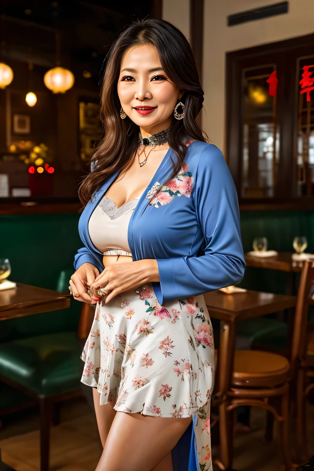 75 years old　Mom　MILF　Chinese Lady　large earring　Big choker　navel piercing decoration　A bracelet　Silver Hair　realisitic　Gorgeous Madame Beautiful Mature Woman　sexy　Smile　Gentle woman navel piercing　４K　High quality restaurant　Dress code　sake　chicken　Gorgeous Madame Beautiful Mature Woman