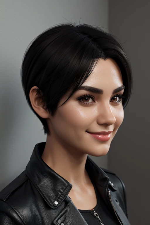 Create Cartoonish caricature 3D a 18-25 years old woman. She has short, black pixie-cut hair. Her face is oval-shaped with smooth lines, thick and neat black eyebrows, large round dark brown eyes, a small pointed nose, and thin lips with a wide, friendly smile. She is wearing a black leather jacket over a grey t-shirt. The style should be 3D animation with a slight touch of cartoon or caricature design, highly detailed, vibrant colors, and soft lighting.
