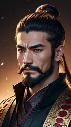 Oriental、Men in ancient Chinese costumes、ancient chinese hairstyle male、Various generals from the Romance of the Three Kingdoms、Highest quality、masterpiece、Ultra-high resolution、(Realistic:1.4)、Game Poster、Crisp and beautiful image quality、Black clothes、Nose beard、Hide the topknot with a square box、