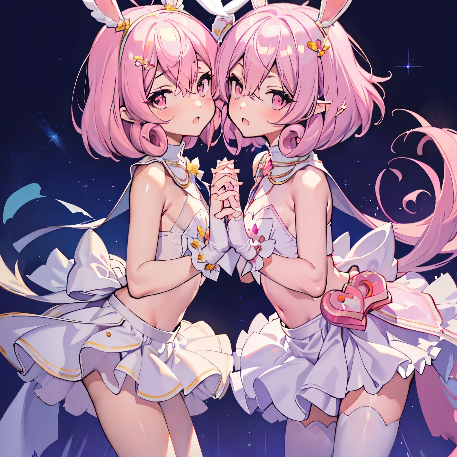 pink short bob hair,white pantyhose,flat chest,bunny outfit,ruffled skirt magical girls,2girls,symmetry,face each other and hold hands,standing,Fantasy,starry,the dream lands,a lot of iridescence sphere,Night,bedroom,