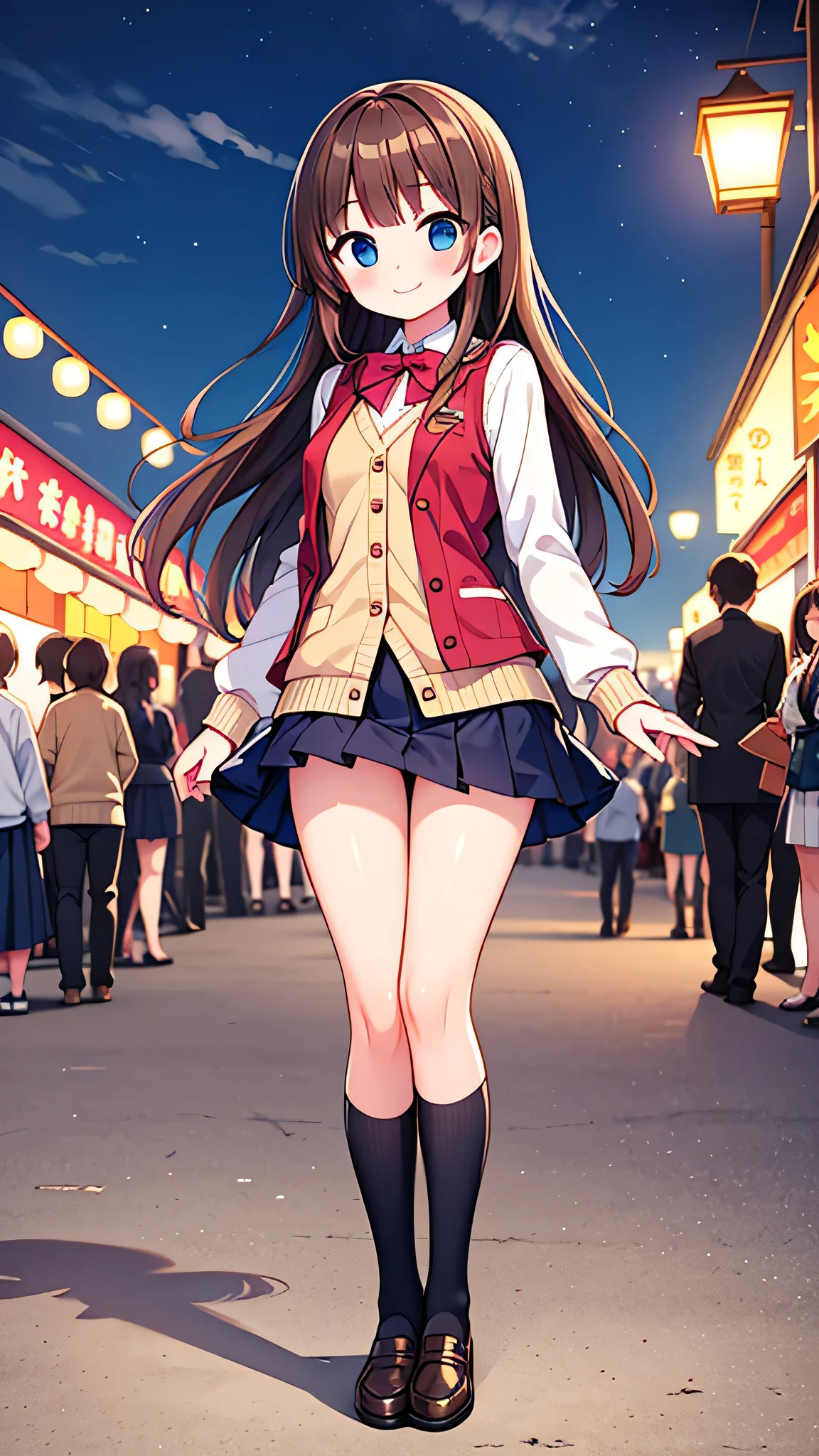 {Highest quality], [Super beautiful], [Ultra fine], [Best illustration], NSFW,Brown Hair, Hime cut, Long Hair, With bangs, girl,high school student,uniform,Knitted Vest,skirt,smile, blush, Slender women, Adult women,Standing posture,(Public),Night Park,Summer festival,diagonal, Navy blue knee socks,Black Loafers