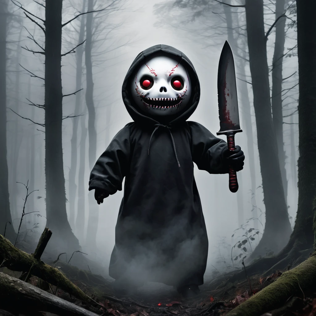 (knitted toy voodoo doll:1.8), (wearing Ghostface mask from Scream:1.2), (standing in dark, creepy forest:1.0), holding small, bloody knife, surrounded by fog and shadows, horror atmosphere, best quality, masterpiece, detailed soft oil painting, detailed background, dramatic cinematic lighting, soft edge lighting, professional, dramatic lighting, hard edge lighting, ultra quality, 4k, masterpiece, best quality, 8k, ultra high definition, high resolution, extremely detailed