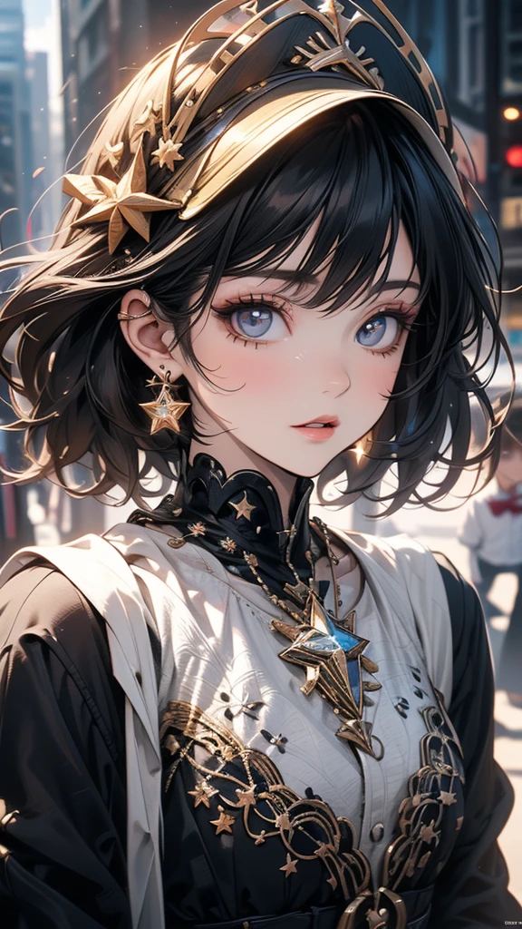 (Highly detailed CG Unity 8k wallpaper),(masterpiece), (Highest quality), (Super detailed), (Best illustrations),(Best Shadow), Cowboy Shot, (Sharp eyeliner, eye shadow, Fine grain:1), Urban Background, ,break , (Star 15 School:1.2), hair ornaments,
