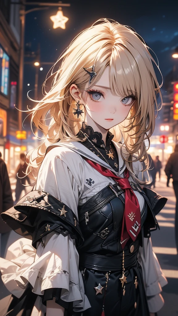(Highly detailed CG Unity 8k wallpaper),(masterpiece), (Highest quality), (Super detailed), (Best illustrations),(Best Shadow), Cowboy Shot, (Sharp eyeliner, eye shadow, Fine grain:1), Urban Background, ,break , (Star 15 School:1.2), hair ornaments, 