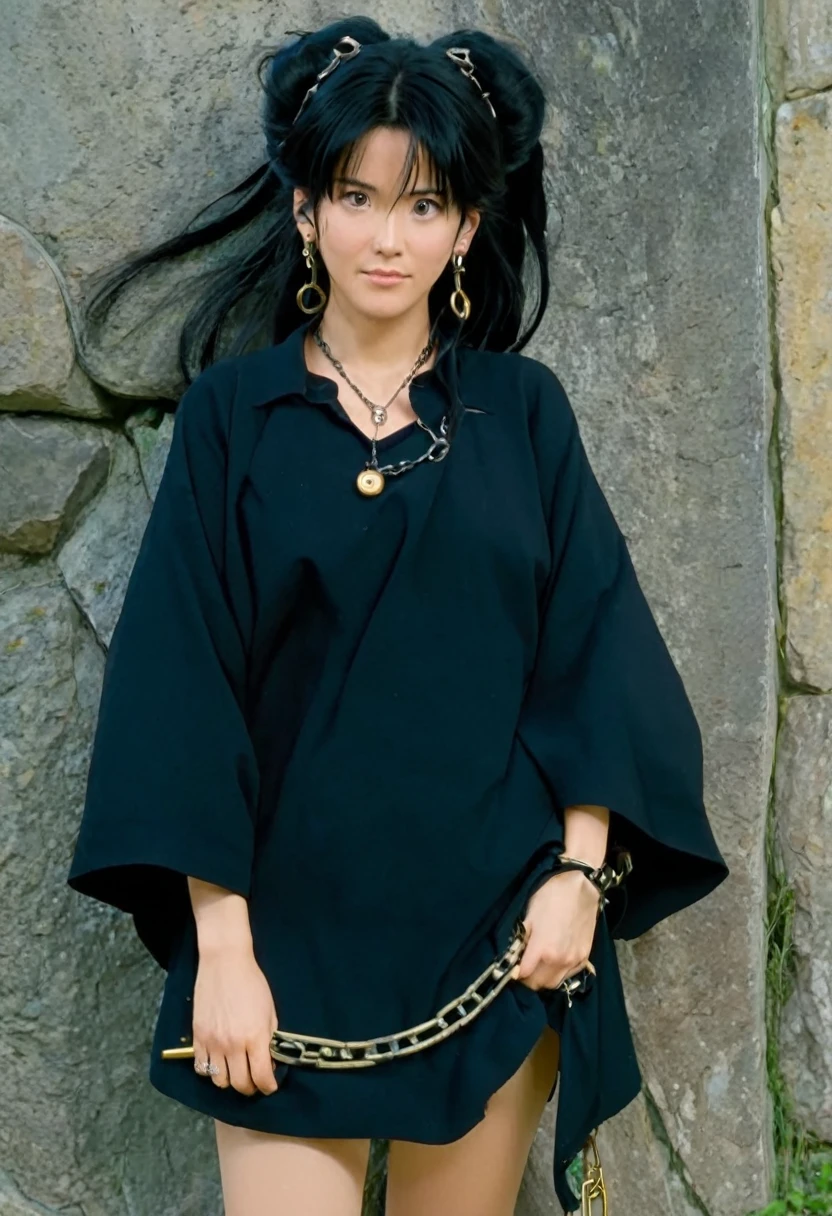 A Ghibli's studio character. With messy black hair and dark large clothes. she wear very noticeable earrings. She is chained