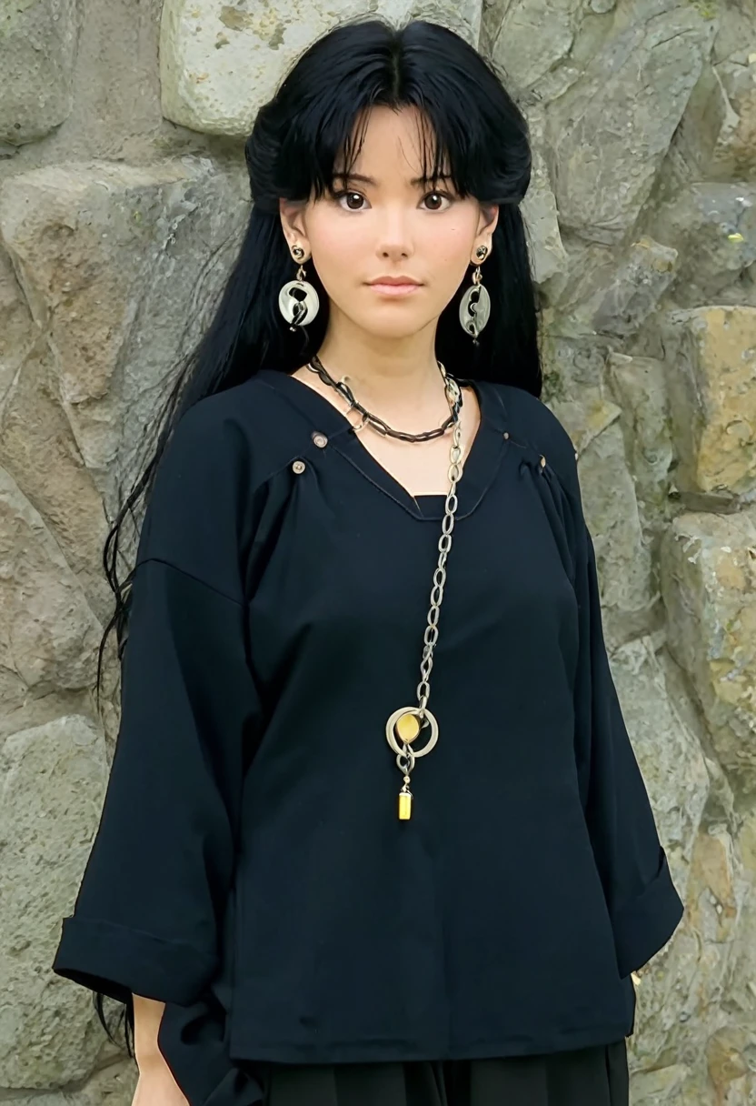 A Ghibli's studio character. With messy black hair and dark large clothes. she wear very noticeable earrings. She is chained