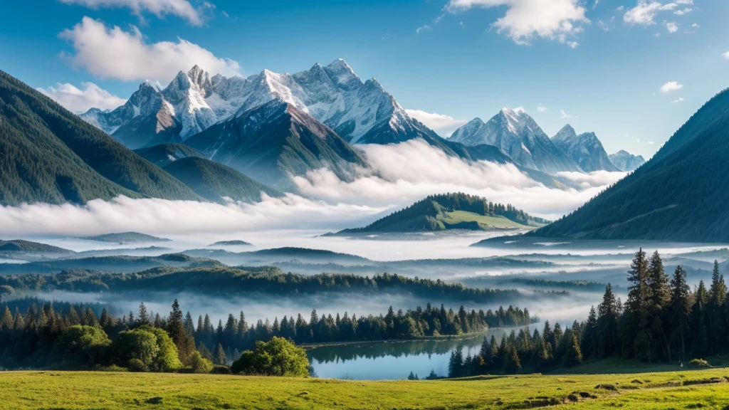 wonderfull landsape with mountains and forest, we can see a little lake in a far. foggy, dreaming, 