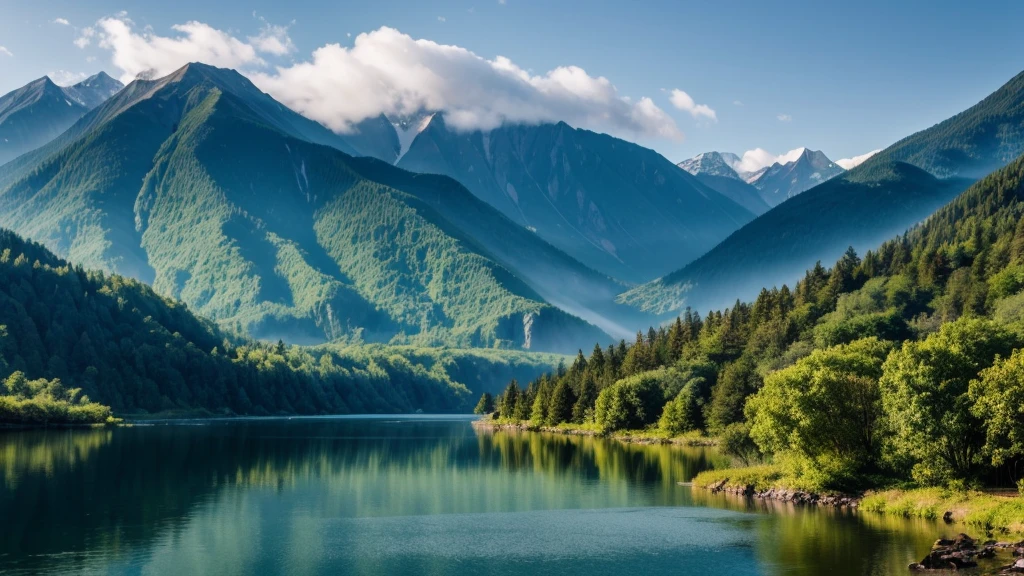 wonderfull landsape with mountains and forest, we can see a little lake in a far. foggy, dreaming, 