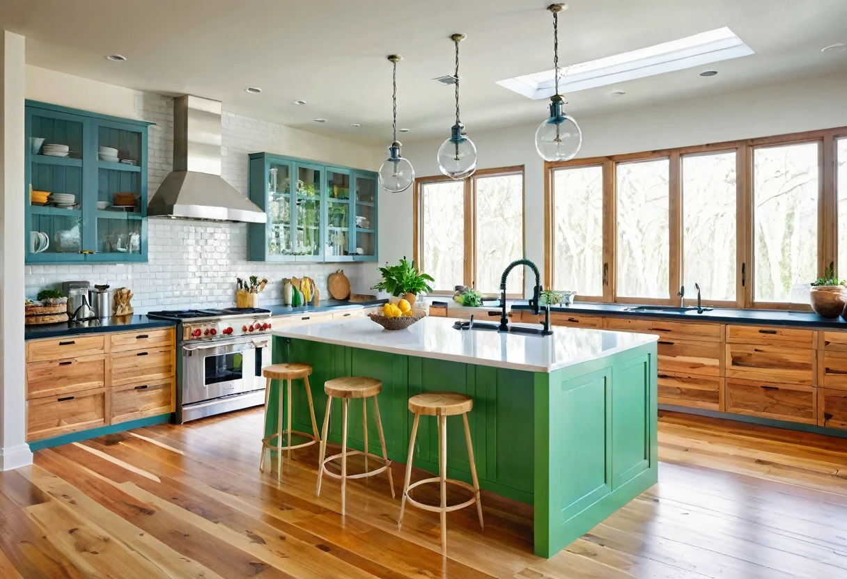 
a modern kitchen, colorful cabinet doors, island table, stove, sink, natural light, wooden floors, white ceiling, glass windows,