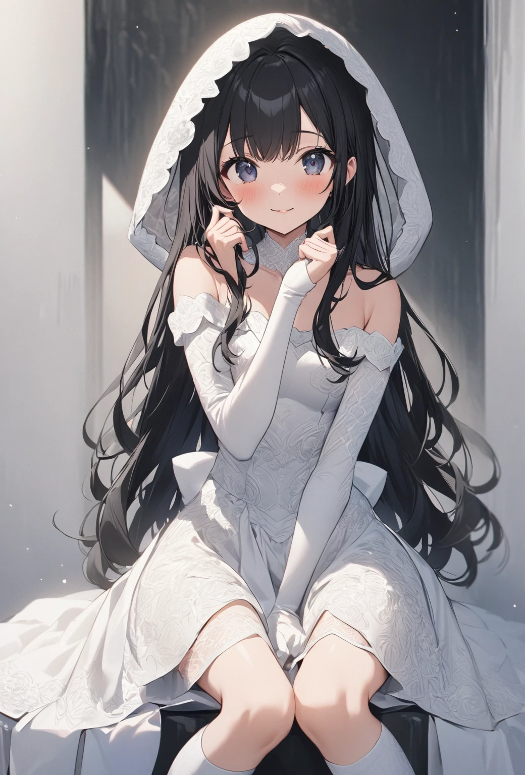 ((Highest quality)), ((masterpiece)), ((Very detailed)), (Very cute),A cool-looking woman with gentle black hair and a height of about 165cm.,A woman with a cute smile wearing a black and white wedding dress with a cute pattern and a hood that shows off her shoulders, alone, Cute attitude,(background(bright),Long Hair - Straight,Knee-high socks、A cute patterned hooded off-the-shoulder black and white wedding dress,White wall、Sitting、Facing the viewer、