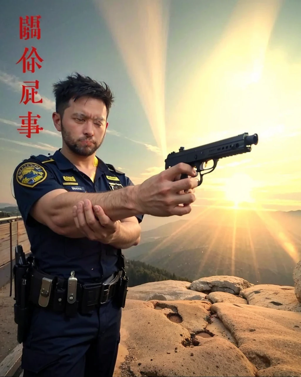 Police man at mountain pointing gun at someone