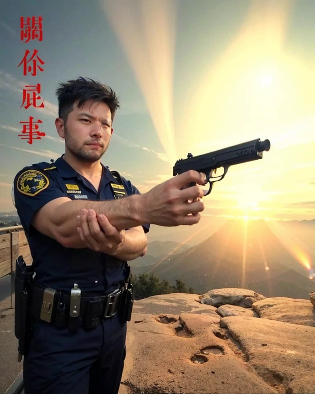 Police man at mountain pointing gun at someone