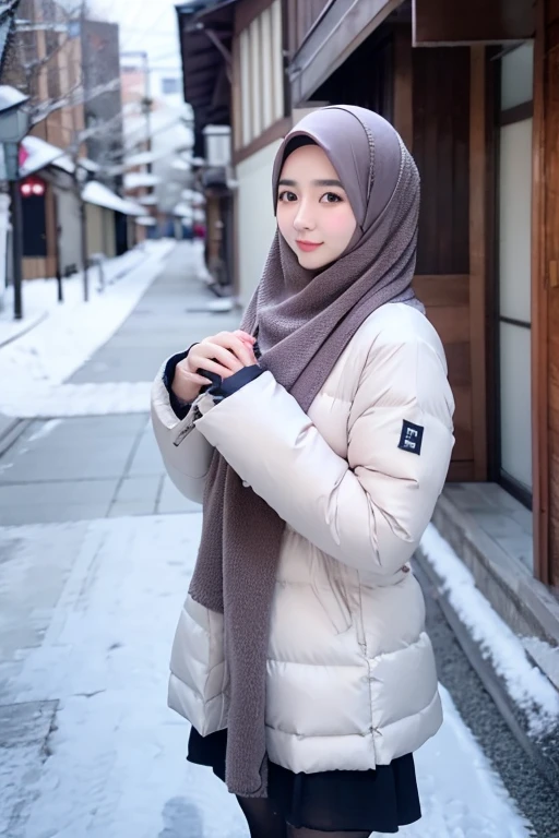 Best quality, 4K, 8K, Detailed faces,fully body photo, Clear face, Japanese muslim girl, 21 years old girl, Perfect body figure, Long slim legs, Pasmina hijab, Long down jacket with hood, Fur trim jacket, White jacket, Snowy Tokyo background 