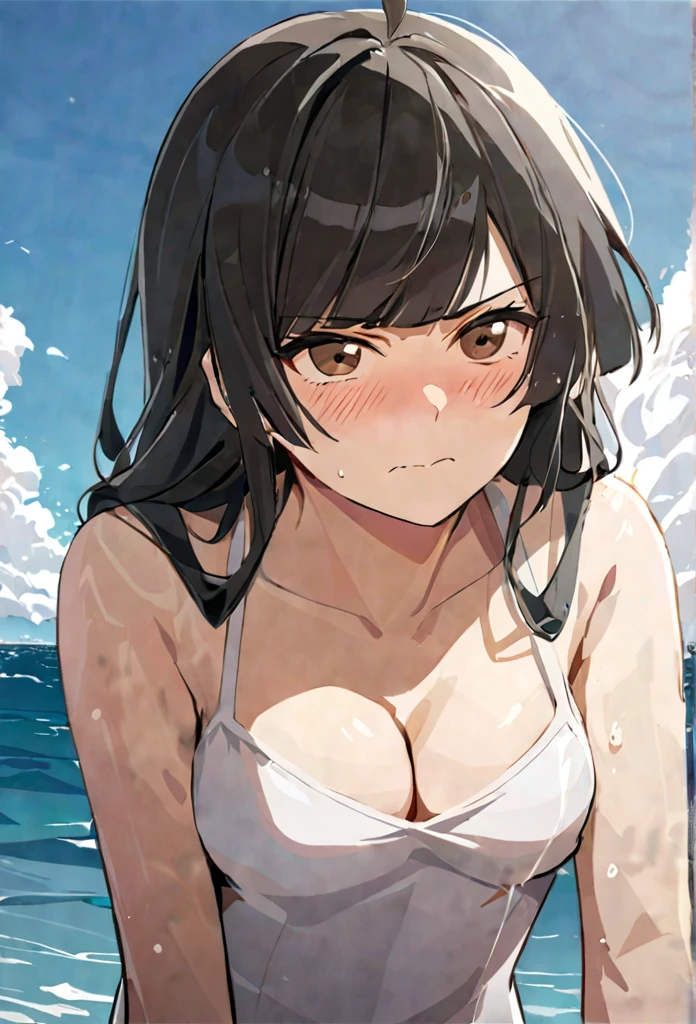 masterpiece,best quality, solo, eda, bangs, black hair, blue sky,cloud, shy expression, blushing expression, embarrassed expression, medium breast, hot, thicc, ocean, water, she is grabing her chest, she was concerned ,she is hiding her chest from others, she is embarassed , she has a medium chest, she is wearing a white swimsuit, serius look, she is wearing swimsuit, she is looking at you, she has serius look on the viewer, closed mouth, she is mild angry at you, sando, cleavage, upper body , she is looking down on you