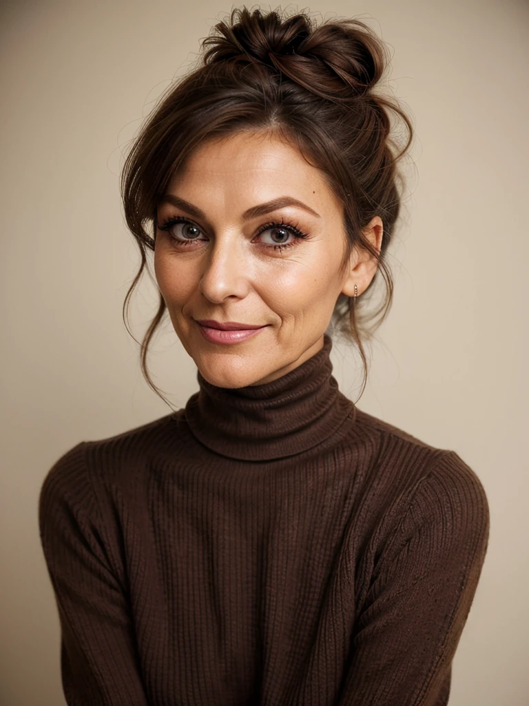 photo of a very old wrinkly faced mature brunette prostitute with fake eyelashes and plump enhanced lips, messy long hakr thrown into a messy bun ponytial. She wears: (turtleneck soft high ribbed dark brown keyhole chest cutout sweater:1.1), submissive seductive pose, high tight ribbed neck, seductive smile, perfect fake tits