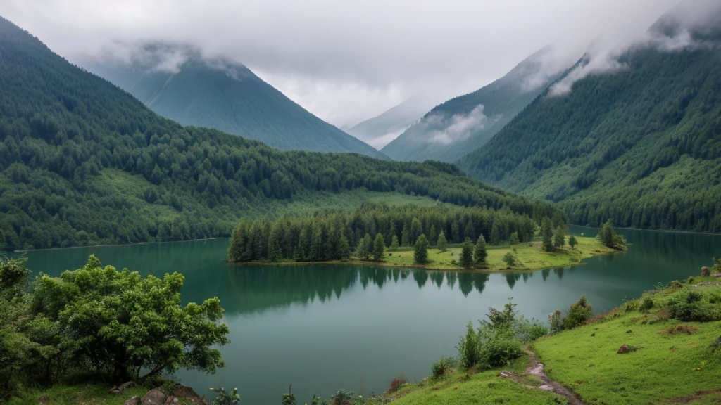wonderfull landsape with mountains and forest, we can see a little lake in a far. foggy, dreaming, under rain