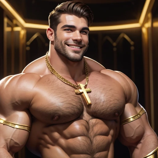 Dressed as the superhero 'Lord Gold ' a very handsome, sweet and truly massive Caucasian bodybuilder is showing off his huge bicep muscles and meaty thighs. Smiling young adult. brown hair, powerfully muscled, massive shoulders and biceps. well-defined six pack. Thick gold cross necklace.