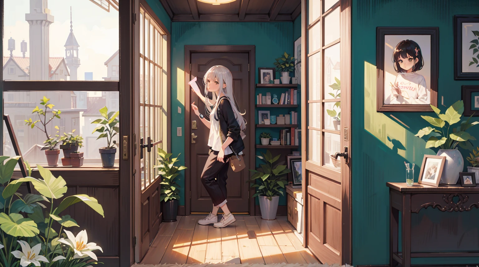 (Masterpiece), Best quality, Ultra-high resolution, detailed structure, Detailed architecture, (Warm pastel colors), indoor，（nobody：2）View of the living room through the door frame，Behind is the living room, plant, Stamens, indoor。Entrance