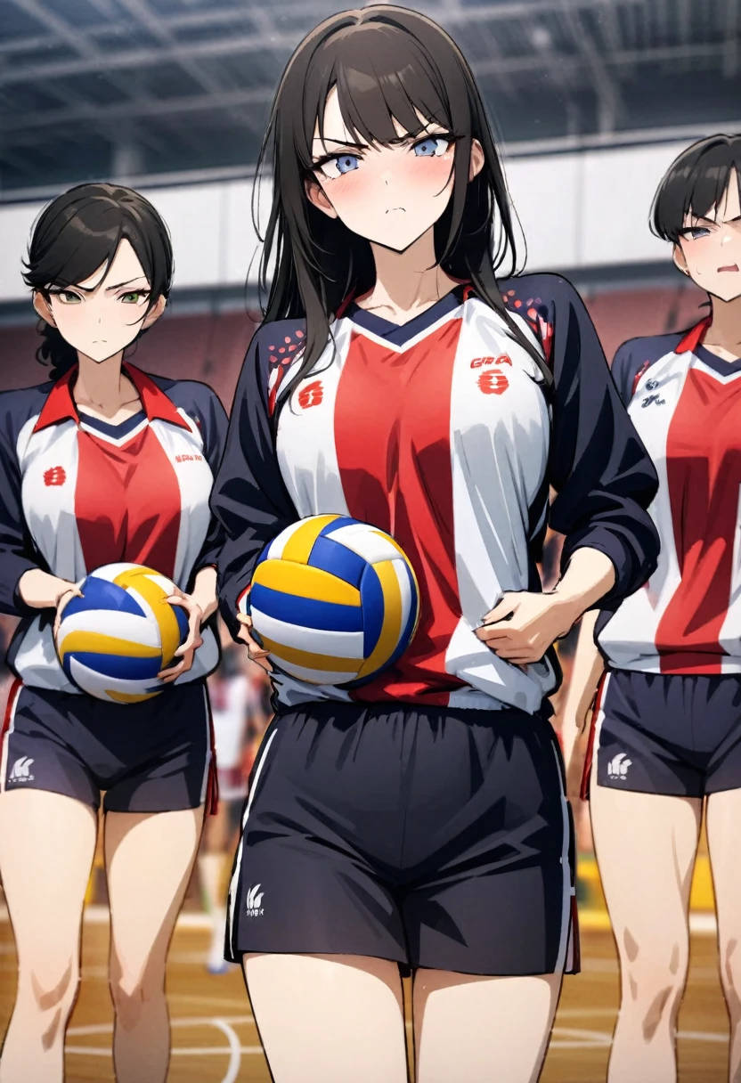 (Japan Women's Volleyball Team style), (in the Kitakyushu Volleyball Stadium), (6 Volleyball player ladys, serious face, try game), perfect anatomy, masterpiece, best quality, 16k, beautiful detailed grow, daydreaming expression.