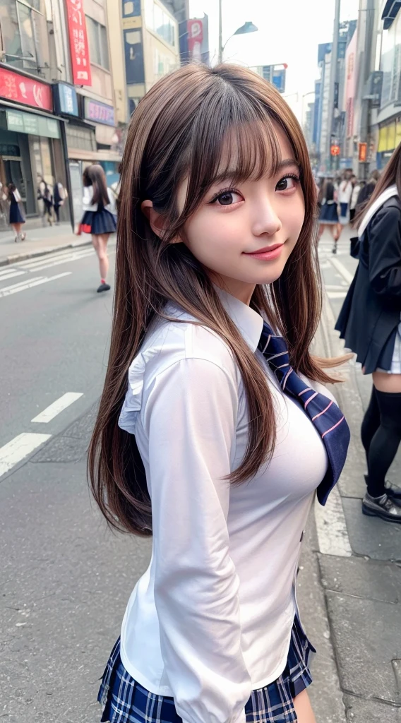 (8k, RAW photo, best quality, masterpiece:1.2), (realistic, photo-realistic:1.4), (extremely detailed 8k wallpaper), sharp focus, depth of field, bocinematic lighting, soft light, beautiful detailed eyes,shiny smooth light brown long bob hair, asymmetrical bangs, shiny skin, high resolution, high detailing, detailed hairstyle, detailed face, hyper realistic, perfect limbs, perfect anatomy ,1 japanese girl,famous Japanese idol, perfect female body, large breasts,smile,short eyelashes,double-edged eyelid,long bob hair, (schoolgirl uniform : 1.3), looking at viewer, (Crowded city streets:1.3),cowboy shot