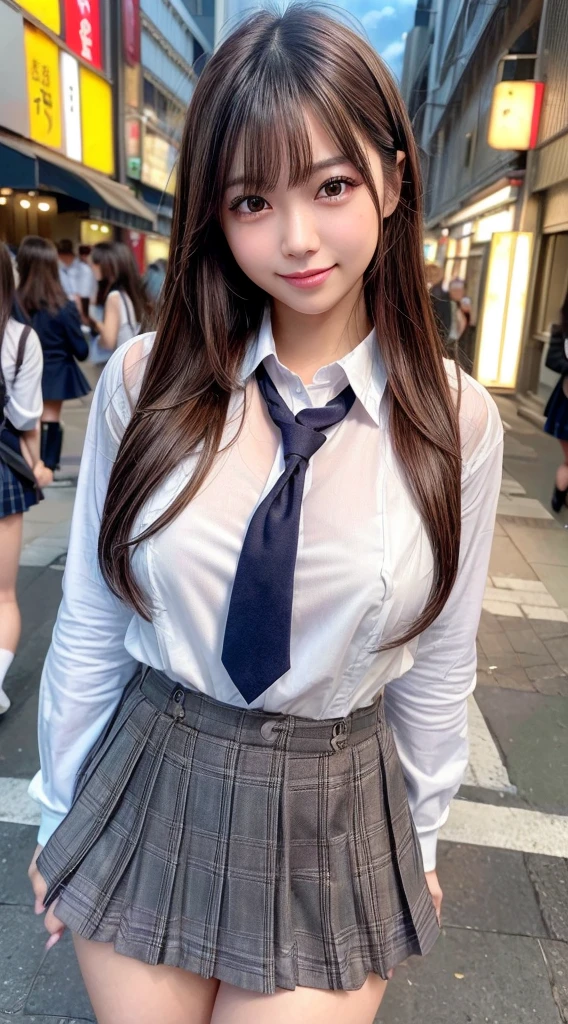 (8k, RAW photo, best quality, masterpiece:1.2), (realistic, photo-realistic:1.4), (extremely detailed 8k wallpaper), sharp focus, depth of field, bocinematic lighting, soft light, beautiful detailed eyes,shiny smooth light brown long bob hair, asymmetrical bangs, shiny skin, high resolution, high detailing, detailed hairstyle, detailed face, hyper realistic, perfect limbs, perfect ??????? ,1 japanese girl,famous Japanese idol, perfect female body, large breasts,smile,short eyelashes,double-edged eyelid,long bob hair, (schoolgirl uniform : 1.3), looking at viewer, (Crowded city streets:1.3),cowboy shot