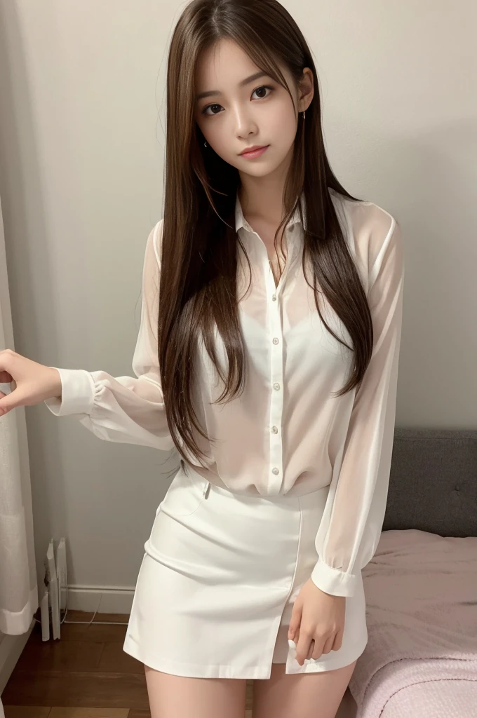 1woman, idol, long hair, brown hair, bedroom, 20 years old, see here, clothes wet, wet hair, white blouse, white miniskirt,