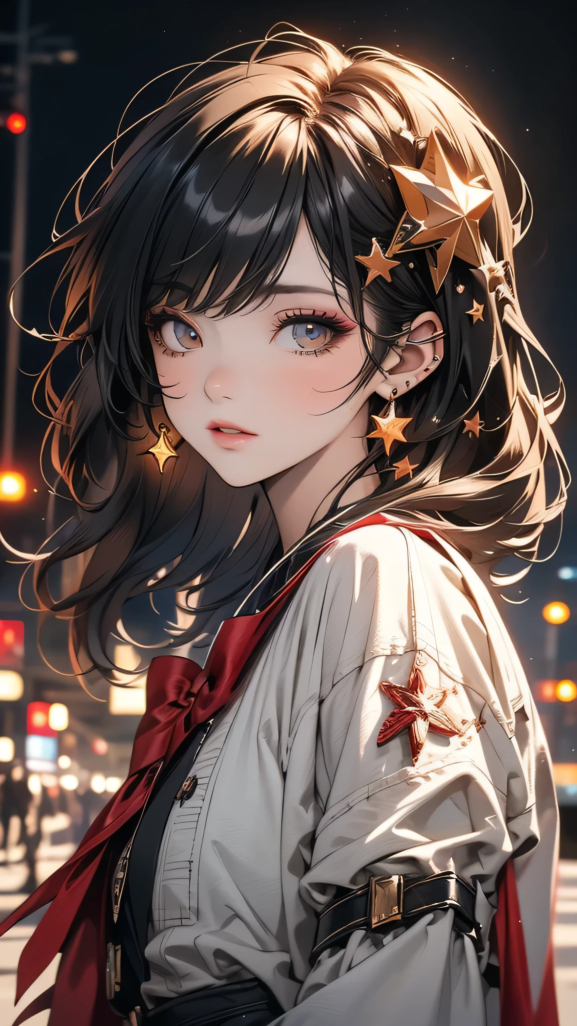 (Highly detailed CG Unity 8k wallpaper),(masterpiece), (Highest quality), (Super detailed), (Best illustrations),(Best Shadow), Cowboy Shot, (Sharp eyeliner, eye shadow, Fine grain:1), Urban Background, ,break , (Star 15 School:1.2), hair ornaments,
