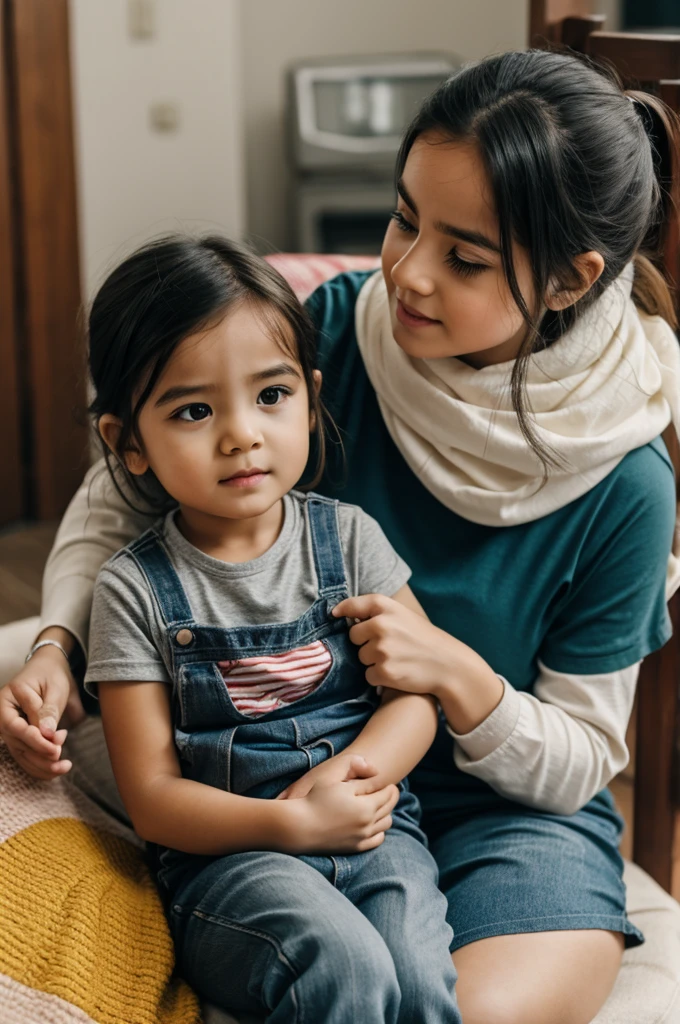 illustration in Hayao Miyazaki style, a young malay mother in plain light grey hijab, plain pink long sleeve blouse, a black long skirt, a pair of grey fluffy soft indoor slippers and a pair of black big square glasses, smiling, sitting down on a couch, a 3 year old girl sitting down next to the mother, they look at each other lovingly, at a homey home.