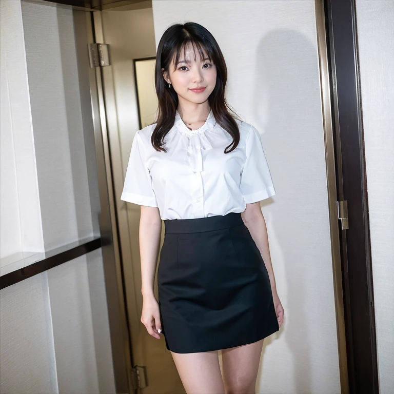 ((Highest quality、8k、masterpiece:1.3))、Photorealistic, Sharp focus, high resolution, High resolution, Portraiture, alone, Japanese, woman, きれいなwoman, sexy, Short sleeve business blouse、Above-the-knee skirt、Elevator、Recall、elegant、 23 years old, semi-long、smile