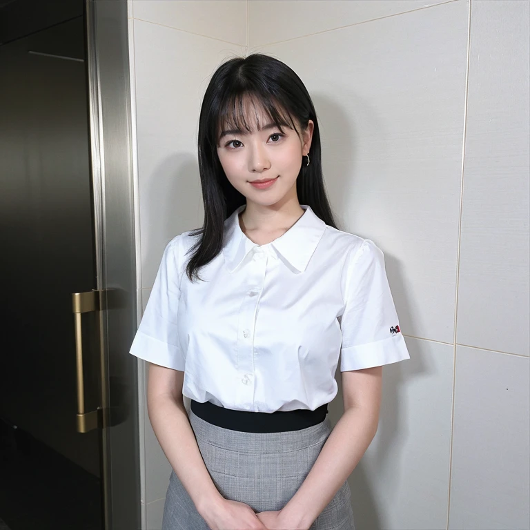 ((Highest quality、8k、masterpiece:1.3))、Photorealistic, Sharp focus, high resolution, High resolution, Portraiture, alone, Japanese, woman, きれいなwoman, sexy, Short sleeve business blouse、Above-the-knee skirt、Elevator、Recall、elegant、 23 years old, semi-long、smile