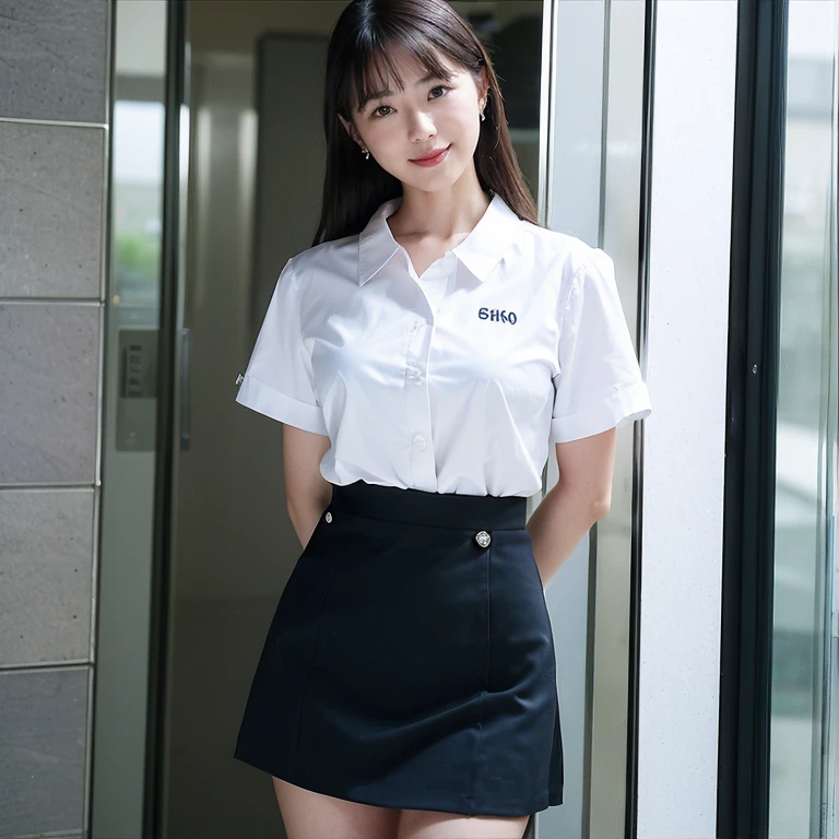 ((Highest quality、8k、masterpiece:1.3))、Photorealistic, Sharp focus, high resolution, High resolution, Portraiture, alone, Japanese, woman, きれいなwoman, sexy, Short sleeve business blouse、Above-the-knee skirt、Elevator、Recall、elegant、 23 years old, semi-long、smile