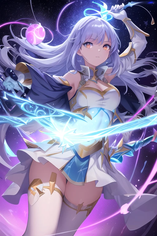 Long-haired sword fairy girl，Sword holding action，Ayaka Genshin strikes the official style，ayaka game genshin impact，Goddess of white hair，Anime cute art style