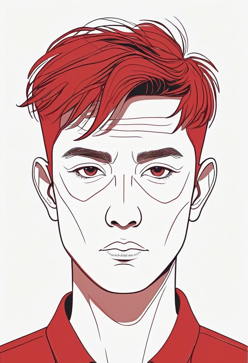 Drawing of a single mature male head in light white and dark red style,middle aged,Boys,short hair,Red monochrome line drawing,Flat illustrations,Minimalism,Close-up of the portrait