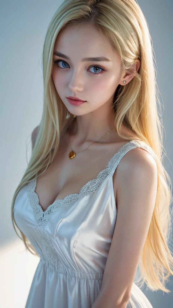 (((Blonde、forehead、long hair、White background、dress、Russia、Northern Europe)))、masterpiece, Highest quality, 8k,, 20th Generation, (Large Breasts:1.2), Background is white, cute, alone, sad, close, cute, Girlish, Delicate girl, Pure beauty, RAW Photos, Professional photography, Portraiture, Soft Light, Professional Lighting, Backlight, Upper Body, Sophisticated, Film Grain, (Eye and facial details:1.0) , Beautiful, flowing hair, Silk blouse,