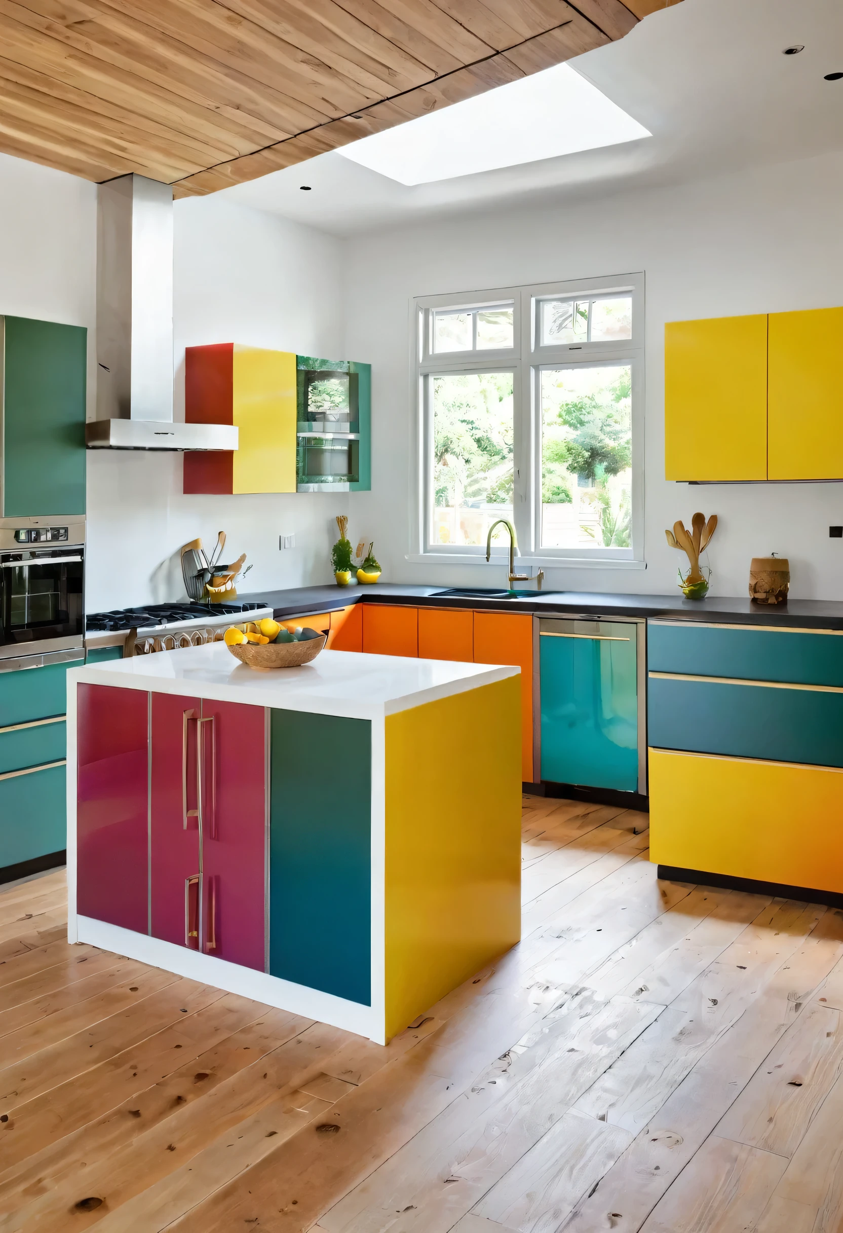 a modern kitchen, colorful cabinet doors, island table, stove, sink, natural light, wooden floor, plaster ceiling,