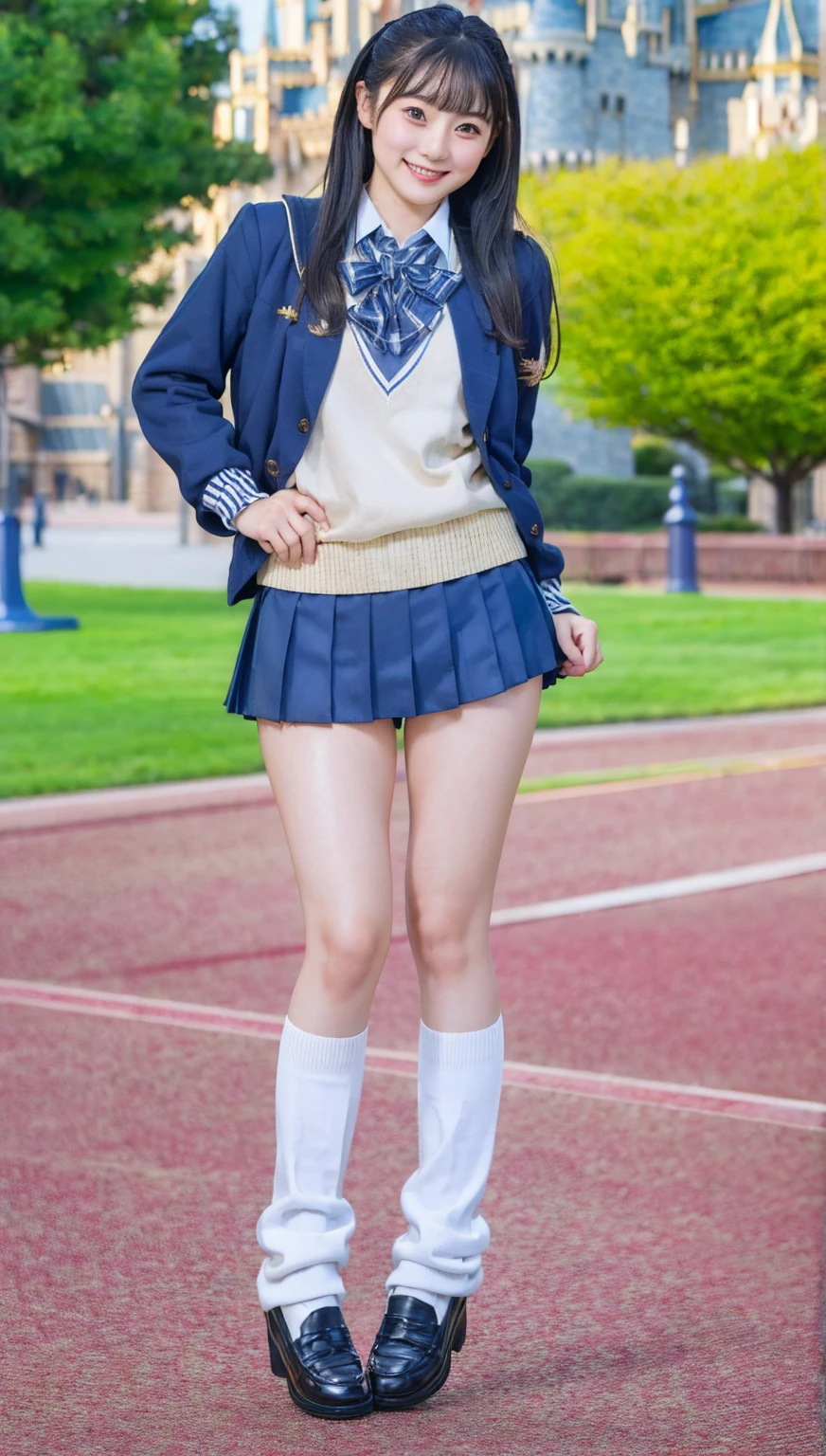 (photorealistic:1.4), best quality, masterpiece, raw 32k photo, (extremely detailed japanese beautiful girl), (extremely detailed eyes:1.2), (cute face:1.2), ultra-detailed, ultra high res, amazing, BREAK,
(school uniform:1.5), smile, (full body:1.2), detailed school girl, (disneyland:1.3), beautiful detailed girl, bangs, cute face, miniskirt, smile, wind,  loafers, baggysocks, perfect legs, perfect hands